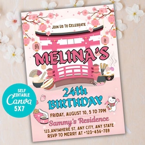 May include: Pink 5x7 invitation with Japanese theme. Features a pink torii gate, cherry blossoms, and illustrations of food. Text includes "Melina's 24th Birthday" and event details. Includes a "Self Editable Canva" logo.