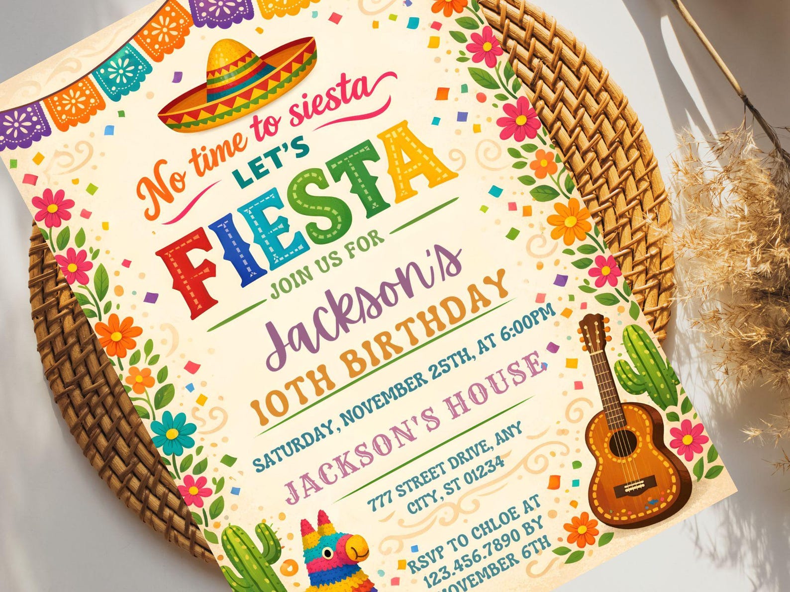 Editable Fiesta Birthday Invitation, No Time to Siesta Party Invite ...