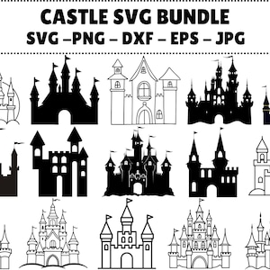 May include: A collection of castle designs in SVG, PNG, DXF, EPS, and JPG formats. The image features various castle illustrations in both black and white, and solid black silhouettes. Each castle has unique architectural details.