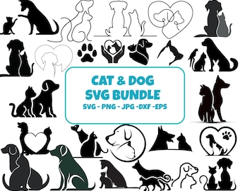 Elegante Katze und Hund Line Art Silhouette SVG Clipart (digitaler Download)