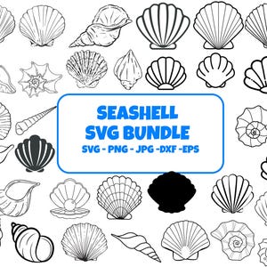 May include: A collection of various seashell illustrations in black and white. The image includes different types of shells, such as scallops, conch shells, and spiral shells. Text in the image reads "Seashell SVG Bundle" with file type options.