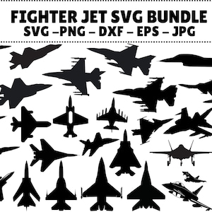 May include: A selection of black fighter jet silhouettes in different designs. The image features the text "FIGHTER JET SVG BUNDLE" and file type indicators: SVG, PNG, DXF, EPS, and JPG.