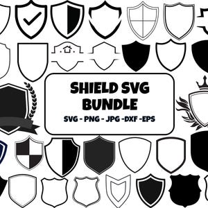 May include: A collection of shield designs in black and white. The image includes various shield shapes, some with checkmarks, crosshatch patterns, and house icons. Text in the center reads "SHIELD SVG BUNDLE" with file type options.