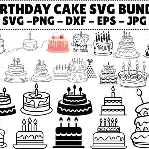 Puede incluir: Una colección de diseños de pasteles de cumpleaños en formatos SVG, PNG, DXF, EPS y JPG. La imagen presenta varias ilustraciones de pasteles, incluyendo pasteles de varios pisos, pasteles de una sola capa y pasteles con velas. El texto incluye "BIRTHDAY CAKE SVG BUNDLE" y "happy Birthday".