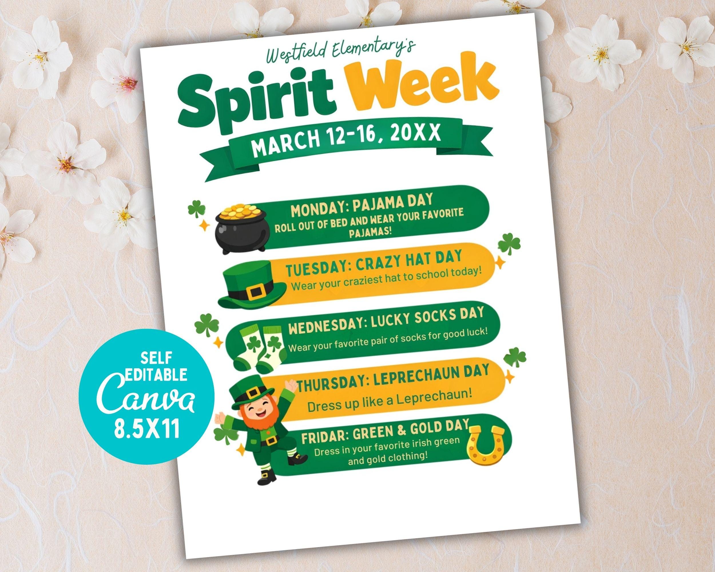 St. Patrick's Day Spirit Week Flyer | Editable School Activities (canva ...