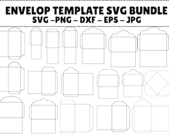 Puede incluir: Dibujo lineal en blanco y negro de varias plantillas de sobres. El texto en la parte superior dice "ENVELOP TEMPLATE SVG BUNDLE SVG - PNG - DXF - EPS - JPG". Las plantillas incluyen diferentes formas y tamaños para proyectos de manualidades.