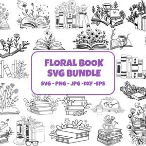 Puede incluir: Colección de ilustraciones en blanco y negro de libros y flores. Las imágenes incluyen libros abiertos con flores, pilas de libros y libros con detalles florales. El texto "FLORAL BOOK SVG BUNDLE" se muestra en un rectángulo morado.