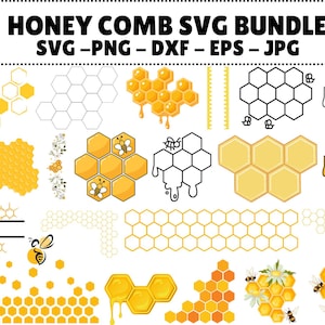 Könnte beinhalten: Eine Sammlung von Honigwaben-Designs in verschiedenen Stilen, darunter gelbe und schwarze Umrisse, tropfender Honig und Bienen. Der Text "HONEY COMB SVG BUNDLE" steht oben, mit Dateitypformaten darunter.