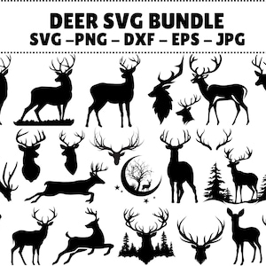 Könnte beinhalten: Eine Sammlung schwarzer Hirschsilhouetten in verschiedenen Posen, darunter stehend, laufend und grasend. Das Bild enthält den Text "DEER SVG BUNDLE SVG - PNG - DXF - EPS - JPG" oben.