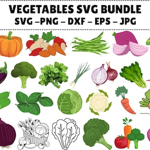 May include: A colorful digital illustration of various vegetables, including a pumpkin, carrots, broccoli, and onions. The image also includes the text "VEGETABLES SVG BUNDLE SVG - PNG - DXF - EPS - JPG".