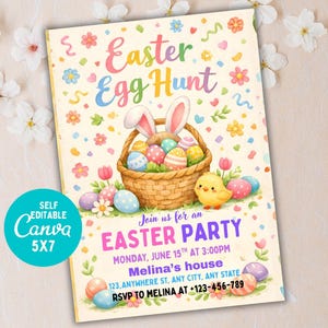 May include: An Easter Egg Hunt invitation with a pastel color scheme. The design features a basket of decorated eggs, bunny ears, a chick, and floral accents. The text reads "Easter Egg Hunt" and "Easter Party". The invitation is 5x7 inches.