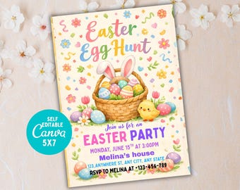May include: An Easter Egg Hunt invitation with a pastel color scheme. The design features a basket of decorated eggs, bunny ears, a chick, and floral accents. The text reads "Easter Egg Hunt" and "Easter Party". The invitation is 5x7 inches.