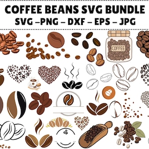 Op de afbeelding: Een digitale grafische bundel met illustraties van koffiebonen. De ontwerpen omvatten verspreide bonen, hartvormen gemaakt van bonen, een pot met het label "COFFEE" en individuele bonenafbeeldingen. De tekst "COFFEE BEANS SVG BUNDLE" staat bovenaan.