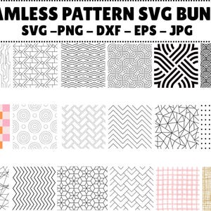 以下が含まれることがあります： SVG、PNG、DXF、EPS、JPG形式のシームレスパターンデザインのコレクション。幾何学的な形状、線、テクスチャを様々なスタイルと色で表現し、デジタルデザインプロジェクトに適しています。