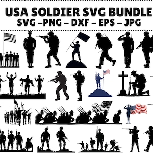 Puede incluir: Colección de imágenes de siluetas negras de soldados en varias poses, incluyendo marchando, saludando y arrodillados. El texto "USA SOLDIER SVG BUNDLE" está en la parte superior, con opciones de tipo de archivo debajo. Banderas americanas incluidas.