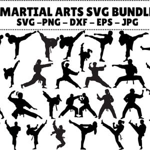 Könnte beinhalten: Schwarze Silhouetten von Kampfsportlern in verschiedenen Posen, einschließlich Tritten und Schlägen. Der Text "MARTIAL ARTS SVG BUNDLE SVG - PNG - DXF - EPS - JPG" ist enthalten, was auf ein digitales Designpaket für Kampfsport-Enthusiasten hindeutet.