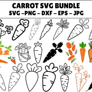 May include: A collection of carrot-themed SVG graphics in various styles, including line art, silhouettes, and colored illustrations. The image includes the text "CARROT SVG BUNDLE SVG-PNG-DXF-EPS-JPG". The carrots are depicted with green tops and orange bodies.
