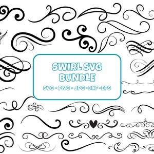 Pode incluir: Uma coleção de designs de redemoinhos pretos em várias formas e tamanhos. A imagem inclui um retângulo turquesa com o texto "SWIRL SVG BUNDLE" e informações sobre os tipos de arquivo: SVG, PNG, JPG e DXF-EPS. Os redemoinhos são adequados para projetos de design gráfico.
