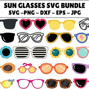 May include: A collection of various sunglasses designs in a SVG bundle. The sunglasses include different shapes and colors, such as black, pink heart-shaped, yellow, and blue. The text "SUN GLASSES SVG BUNDLE" is at the top.