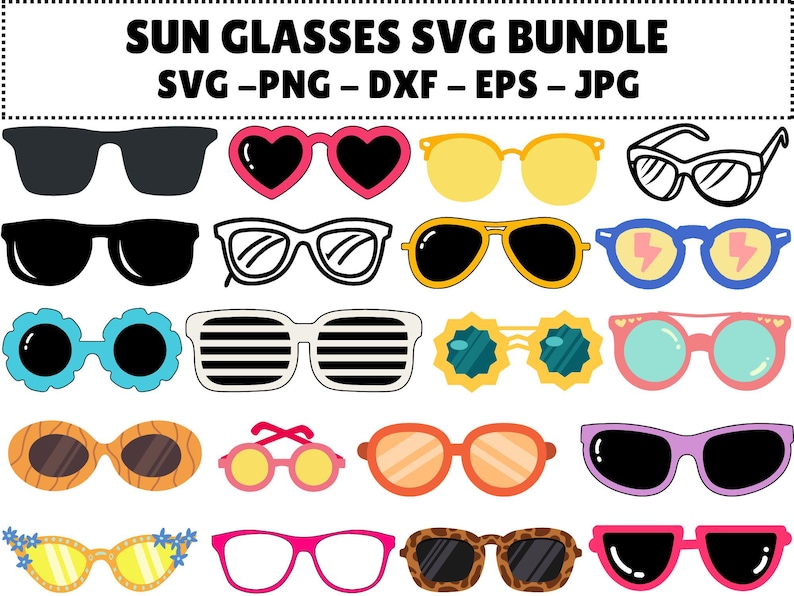 May include: A collection of various sunglasses designs in a SVG bundle. The sunglasses include different shapes and colors, such as black, pink heart-shaped, yellow, and blue. The text "SUN GLASSES SVG BUNDLE" is at the top.