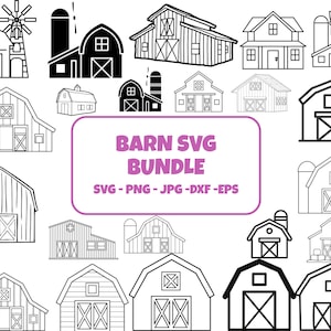 May include: A collection of barn illustrations in black and white. The image includes various barn designs, some with silos and windmills. Text in the image reads "BARN SVG BUNDLE" with file type options: SVG, PNG, JPG, DXF, and EPS.