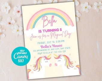 Editable Unicorn Birthday Invitation: Pastel Rainbow, Fairytale Princess (Canva Template)