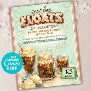 Puede incluir: Un cartel de estilo vintage que anuncia flotadores de cerveza de raíz. El cartel presenta ilustraciones de flotadores de cerveza de raíz en varios vasos, con el texto "root ber FLOATS" y detalles sobre el evento, incluida la fecha, la hora y el lugar.