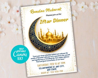 May include: A white invitation card for an Iftar Dinner, featuring a crescent moon design with a mosque silhouette. The text reads "Ramdan Mubarak" and "Iftar Dinner". Includes the date, time, and location. A teal circle with "Self Editable Canva 5x7" is in the lower left corner.