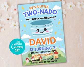 Twonado Birthday Invite, Tornado Invitation, Twister Party Invitation, Storm Theme Birthday, Editable Canva Template, Digital Download