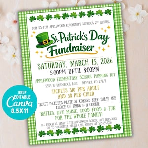 May include: A St. Patrick's Day fundraiser flyer with a green and white gingham border. The flyer includes the event details: date, time, location, ticket prices, and what's included. A Canva template, 8.5x11 inches, is also advertised.