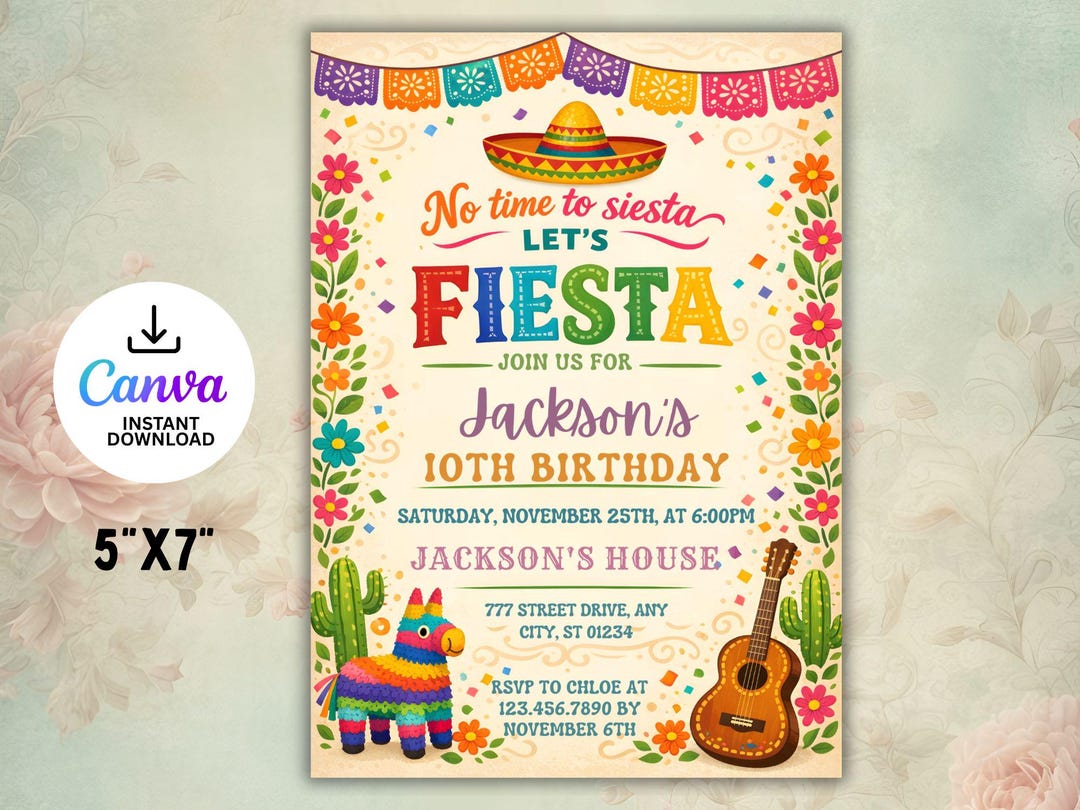 Editable Fiesta Birthday Invitation, No Time to Siesta Party Invite ...