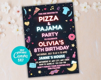 Invitación de cumpleaños con temática de pizza y pijamas, fiesta de pijamas (plantilla editable de Canva)