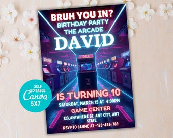 Invitación de cumpleaños estilo arcade editable en Canva, invitación para fiesta de videojuegos retro, plantilla de cumpleaños de videojuegos digitales para niños, tarjeta personalizable