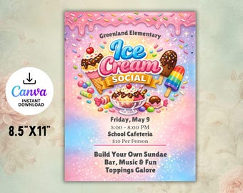 Ice Cream Social Flyer Template | Canva Editable School Event (8.5x11 Inches)