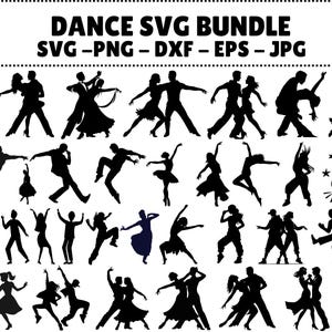 Pode incluir: Gráfico em preto e branco com silhuetas de dança em várias poses. O texto "DANCE SVG BUNDLE" está no topo, com formatos de arquivo listados abaixo. Um gráfico "Love to Dance" também está incluído.