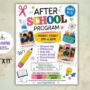 Può includere: Un volantino colorato che promuove un programma doposcuola per le classi K-5. Il design include illustrazioni di una matita, forbici e bambini. Il programma si svolge dal lunedì al venerdì, dalle 14:00 alle 18:30, e offre aiuto per i compiti, attività STEM e altro. Il volantino misura 21,6 cm x 27,9 cm.