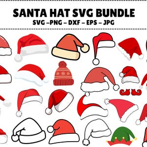 以下が含まれることがあります： さまざまなスタイルの赤と白のサンタ帽子のコレクションと、いくつかの緑のエルフの帽子。画像には「SANTA HAT SVG BUNDLE」というテキストと、ファイルタイプインジケーター（SVG、PNG、DXF、EPS、JPG）が含まれています。
