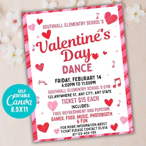 May include: A Valentine's Day Dance flyer with a pink and red color scheme. The flyer includes the text "Valentine's Day Dance" and details about the event, such as the date, time, and location. The flyer also includes heart and musical note graphics.