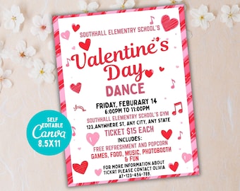 Valentijnsdag schooldansflyer: bewerkbare uitnodiging (canvasjabloon)