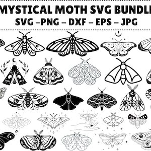 May include: A collection of black and white moth illustrations in various styles. The image includes the text "MYSTICAL MOTH SVG BUNDLE SVG - PNG - DXF - EPS - JPG" at the top. The moths have detailed wing patterns and celestial designs.