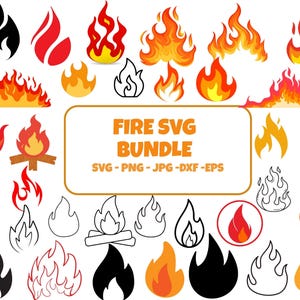 Puede incluir: Un conjunto de gráficos SVG con temática de fuego. Los diseños incluyen llamas en rojo, naranja, amarillo y negro, con versiones sólidas y delineadas. El texto dice "FIRE SVG BUNDLE" con opciones de tipo de archivo.