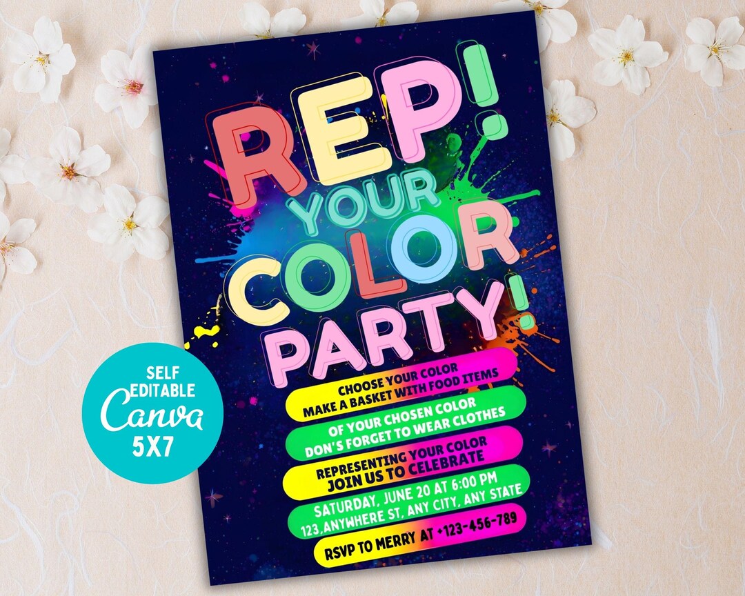 Rep Your Color Party Invitation, Colour Party, Coloring Rainbow ...