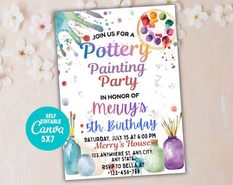 May include: A 5x7 inch invitation for a pottery painting party, featuring watercolor art elements. The invitation includes the text "Pottery Painting Party" and details for Merry's 5th birthday, with a RSVP phone number.