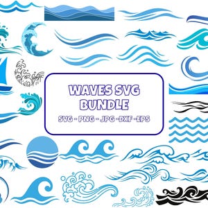 May include: A collection of blue wave designs in various styles, including a sailboat, swirls, and stylized crests. The image includes the text "WAVES SVG BUNDLE" with file format options.