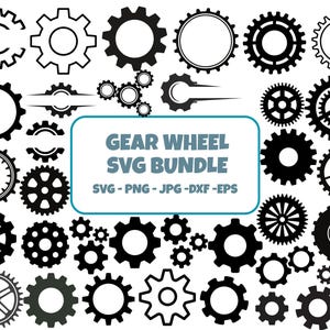 May include: A collection of black gear wheel designs in various sizes and styles. The image includes a variety of gear shapes, some with internal details and others with solid silhouettes. Text in the image reads "GEAR WHEEL SVG BUNDLE" with file type options.