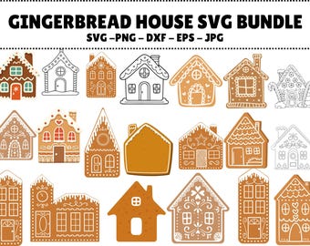 May include: A collection of gingerbread house designs in various styles. The image features multiple gingerbread house illustrations in brown and white, with details like windows, doors, and decorative icing. The text "GINGERBREAD HOUSE SVG BUNDLE" is at the top.