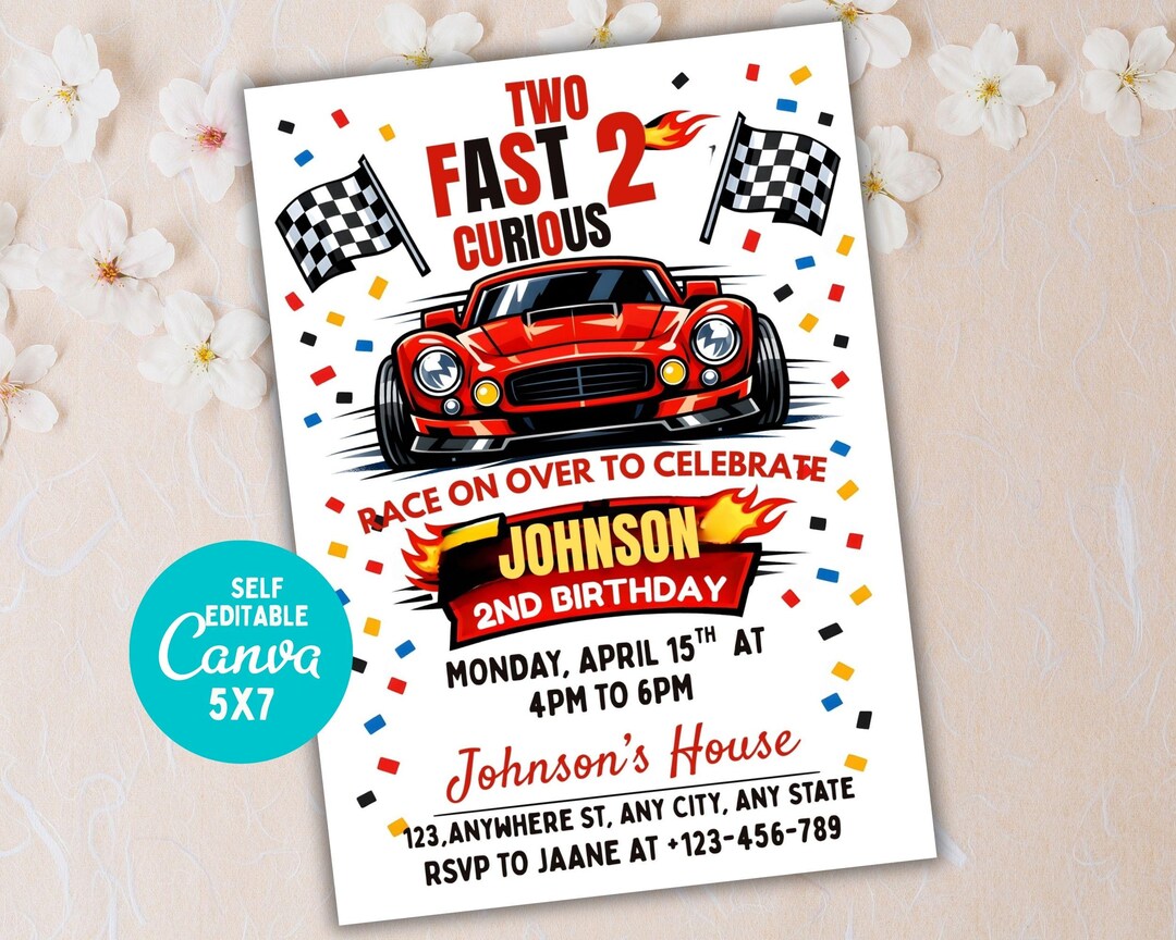 Two Fast Racing Two Fast Race Car 2nd Birthday Invitation, Editable Canva Template (5x7 ...