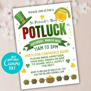 May include: St. Patrick's Day Potluck invitation with a green leprechaun hat, rainbow, and pot of gold illustrations. The invitation includes event details: date, time, and location. The design is a 5x7 template, editable in Canva.