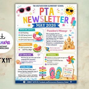 May include: A colourful PTA newsletter for May 2026, featuring summer-themed illustrations. Includes important dates, fundraisers, and school news. The flyer is 21.6 cm x 27.9 cm and available for instant download. The newsletter has a summer theme.