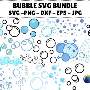 Puede incluir: Un paquete gráfico digital con varios diseños de burbujas en azul, turquesa y negro. La imagen incluye diferentes estilos de burbujas, desde contornos simples hasta burbujas rellenas, y el texto "BUBBLE SVG BUNDLE" con opciones de formato de archivo.